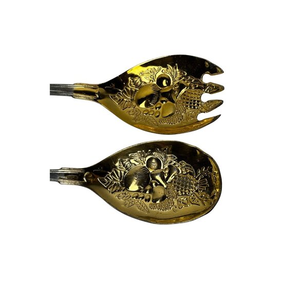 Decorative Vintage Gold & Silver Salad Serving Set Mid Century TableWare Dining - Picture 2 of 6